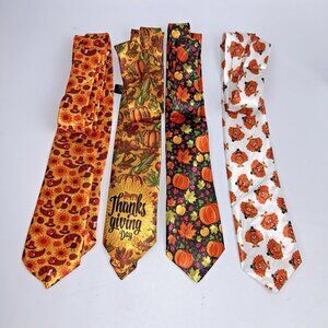 Lot of FOUR Men's Novelty Thanksgiving Neck Ties Pumpkins Turkeys No Brand 56"